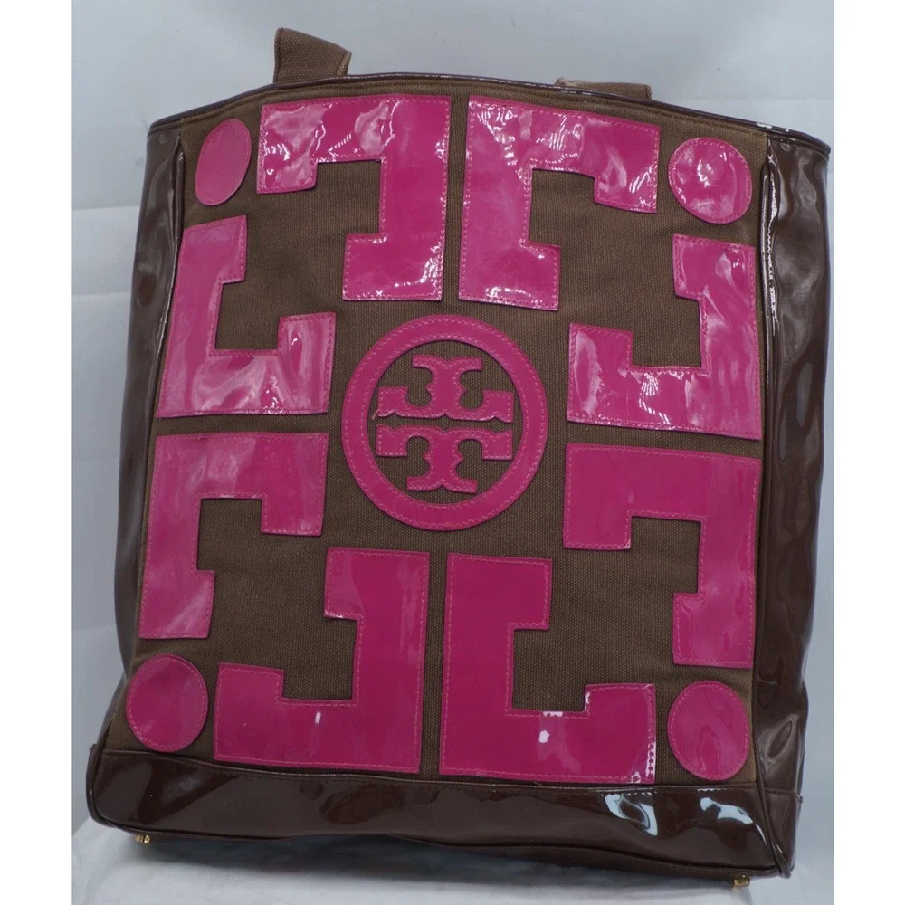 TORY BURCH TALL CANVAS & PATENT PINK & BROWN TOTE - Picture 2 of 9